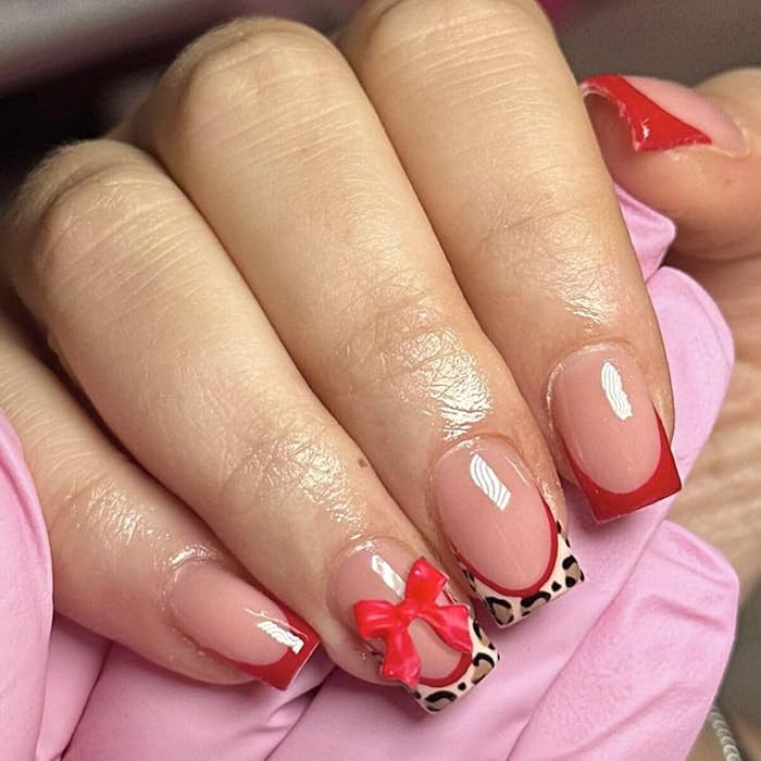 Red Press on Nails Short Square Fake Nails French Tip False Nails with Leopard Print Design Glue ... | Amazon (US)