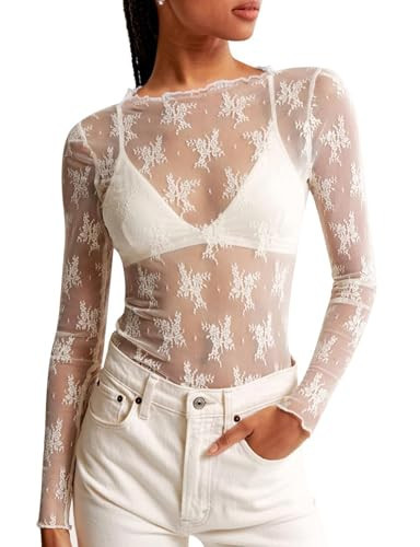 Women's Lace Mesh Top Long Sleeve Mock Neck Undershirt Sheer Blouse See Through Undershirt Party Layering Tops White | Amazon (US)