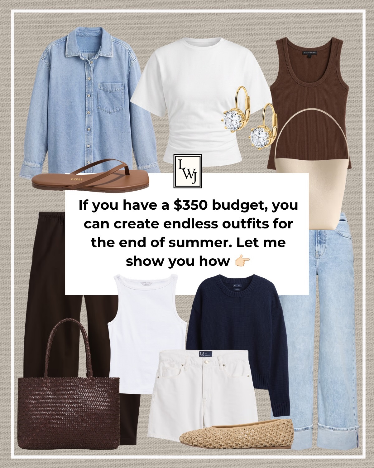 mini budget capsule for the end of summer 

(Budget not including accessories) 

summer style / casual style / style over 30 / oversized denim shirt / elevated tee / scoopneck tank / poplin pants / gap jeans / cuffed wide leg jeans / boatneck tank / crewneck sweater / white shorts / madewell woven tote bag / woven ballet flats / tkees flip flops / bucket tote / elecktric picks earrings

#LTKSeasonal #LTKootd