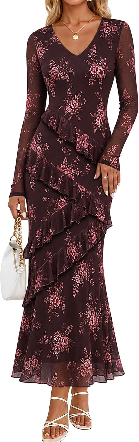 MEROKEETY Womens Fall Wedding Guest Floral Long Sleeve Bodycon Maxi Dress | Amazon (US)