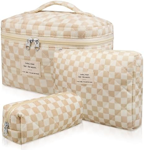 3pc Makeup Bag Set, Quilted Makeup Bag Set, Large Floral Cosmetic Bag for Women, Cute Cotton Make... | Amazon (US)