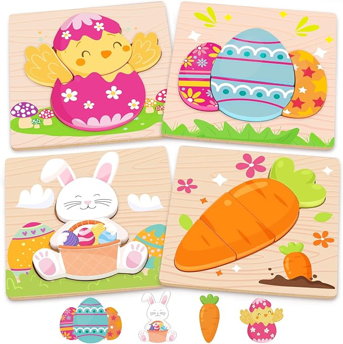 Easter Toys Gifts for Kids Toddlers - 4 Pack Wooden Puzzles with Rabbits, Carrots, Chicks, Eggs D... | Amazon (US)