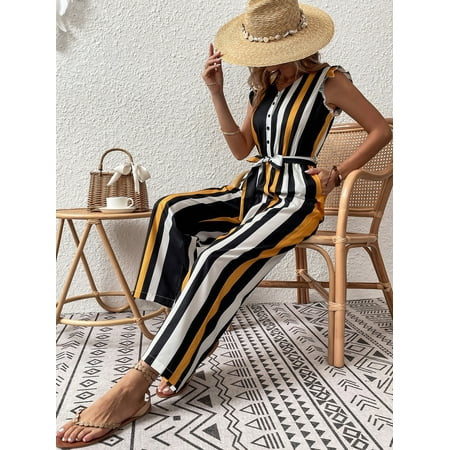 Multicolor Women s Ruffle Trim Belted Striped Jumpsuit S001X Casual M(6) S2216006D | Walmart (US)