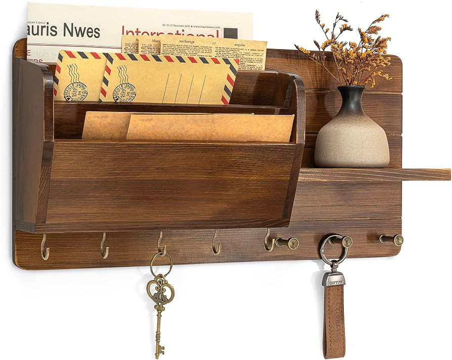 Rebee Vision Pine Wood Key Holder Wall Mount with Mail Sorter, Light Brown | Amazon (US)