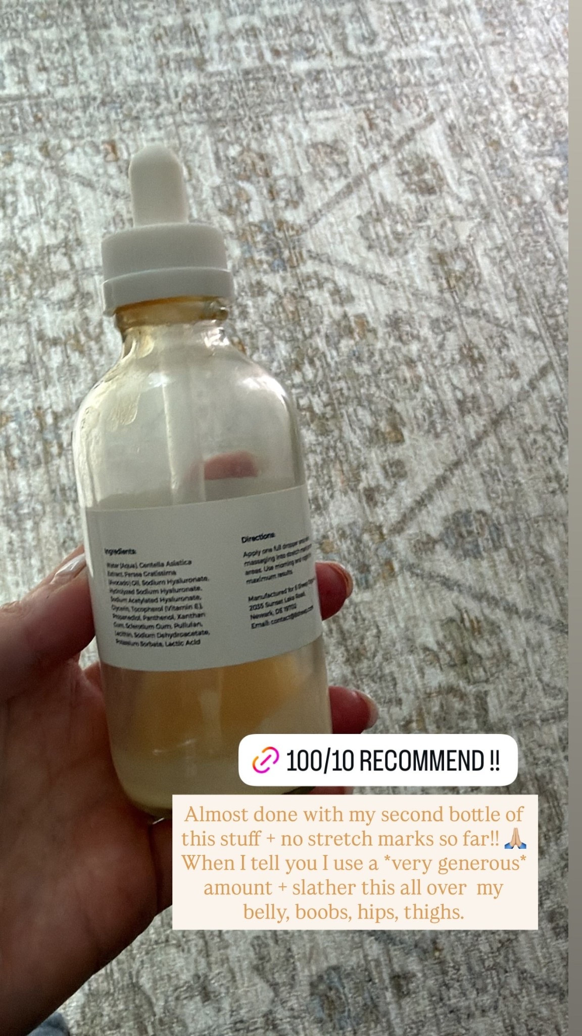 Almost done with my second bottle of this stuff + no stretch marks so far!! 🙏🏼When I tell you I use a *very generous* amount + slather this all over my belly, boobs, hips, thighs. @8sheeporganics

#LTKBump #LTKmomlife #LTKselfcare