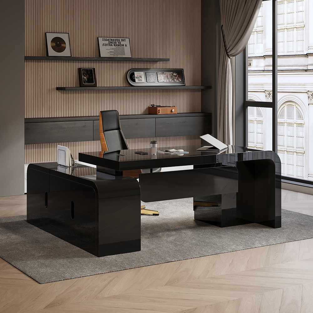 Chicent L-shaped Modern Executive Desk with Ample Storage Right Hand in Black Office Furniture (70.9'') | Homary