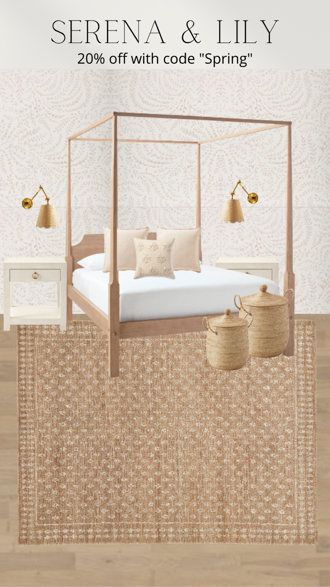 Serena and Lily 20% off sale with code Spring. Bedroom mood board. Feminine coastal design. Canopy bed, wallpaper. Brass rattan sconces  

#LTKsalealert #LTKFind #LTKhome