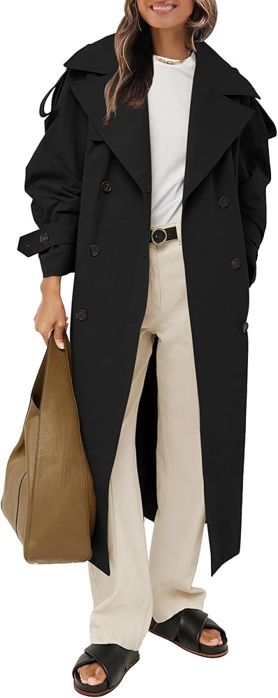 Farktop Womens Oversized Long Trench Coat Double Breasted Lapel Windproof Overcoat with Belt | Amazon (US)