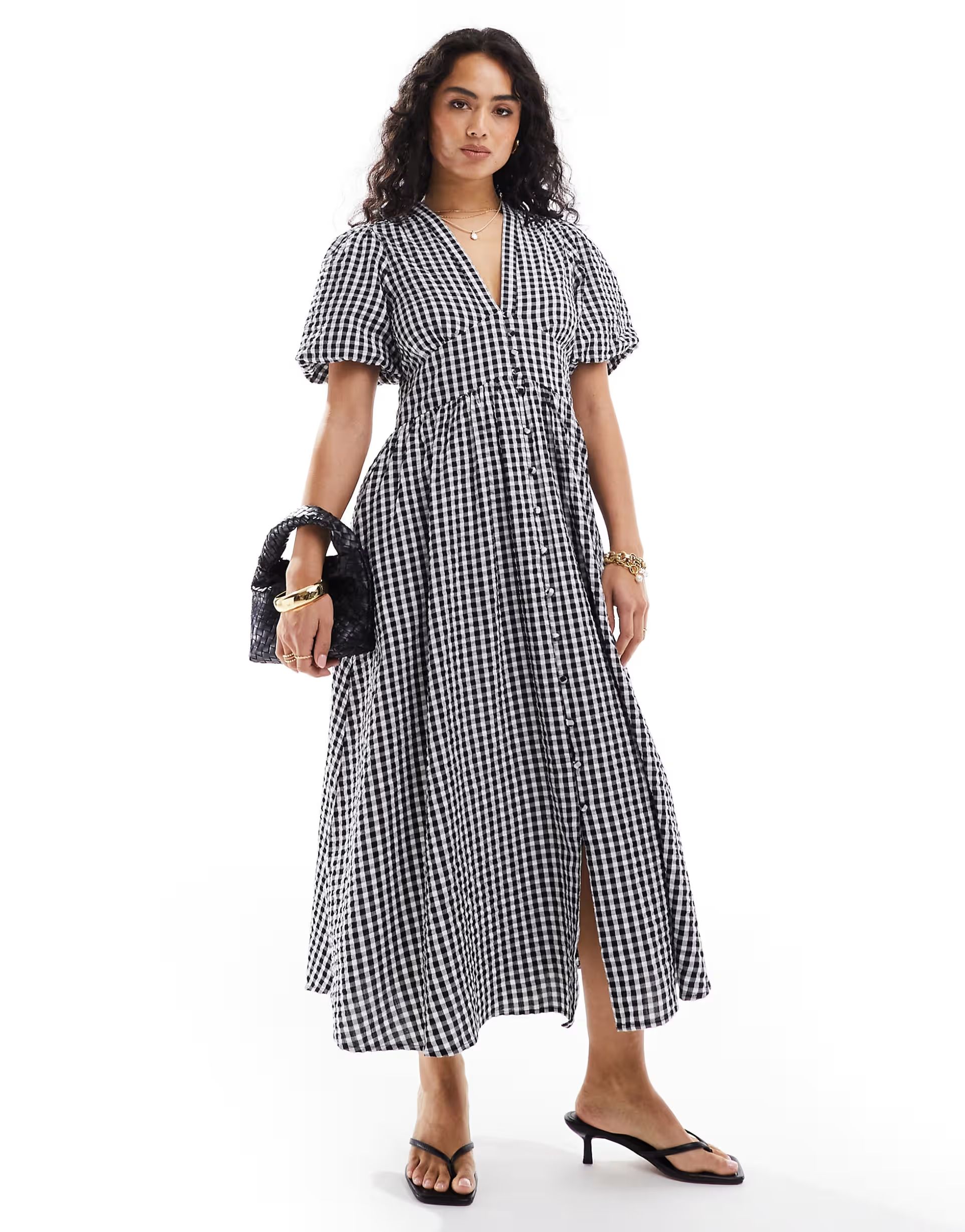 Nobody's Child Starlight puff sleeve midaxi dress in black and white gingham | ASOS (Global)