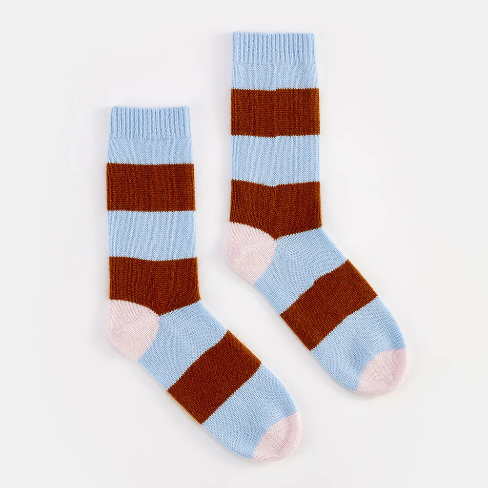 Light Blue/Nutmeg Stripe Cashmere Bedsocks | Caroline Gardner