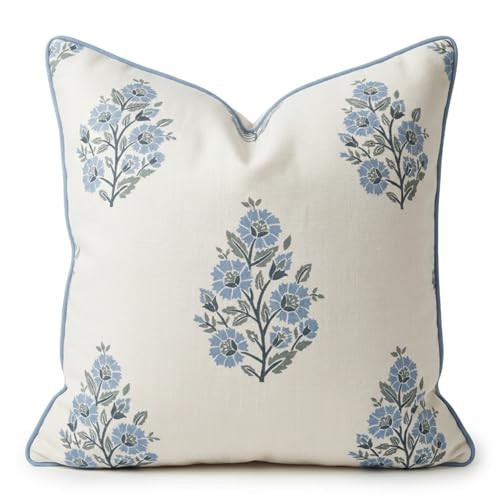 Jillien Harbor “The Camille” Floral Block Print Pillow Cover – Soft Blue and White Decorative Throw Pillow Cover – Grandmillennial Home Decor, 20" x 20" | Amazon (US)