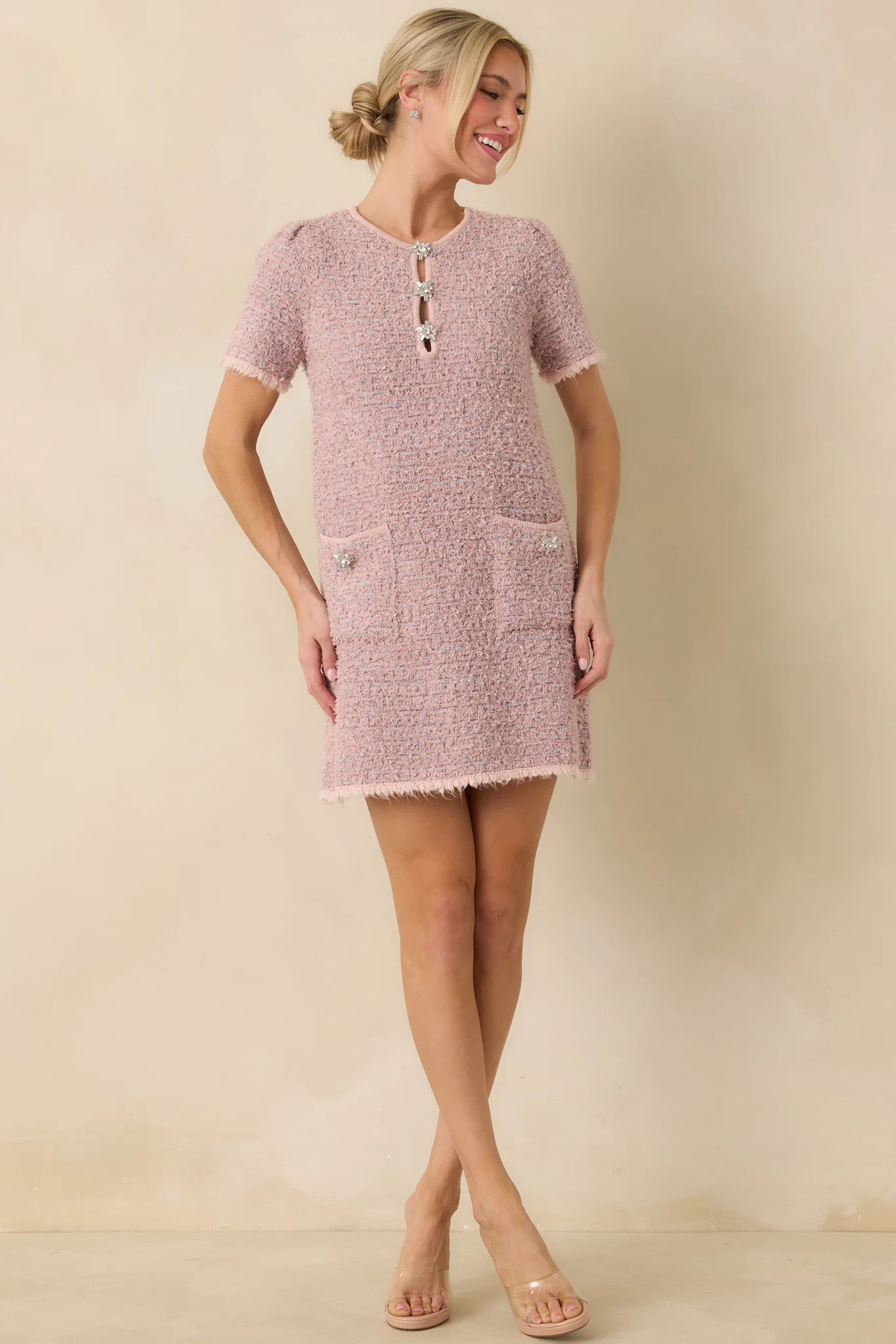 Soft Kisses Dusty Pink Short Sleeve Tweed Mini Dress | Red Dress