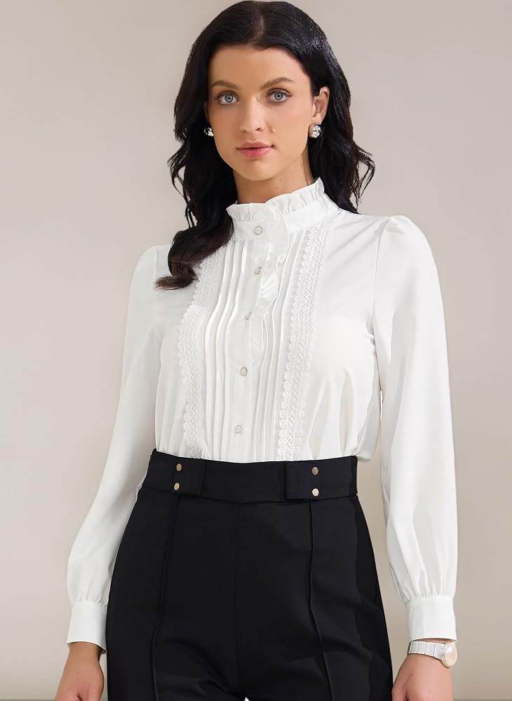 Allegra K Women's Retro Ruffled Button Down Shirts Casual Long Sleeve Blouse Elegant Work Tops | Amazon (UK)