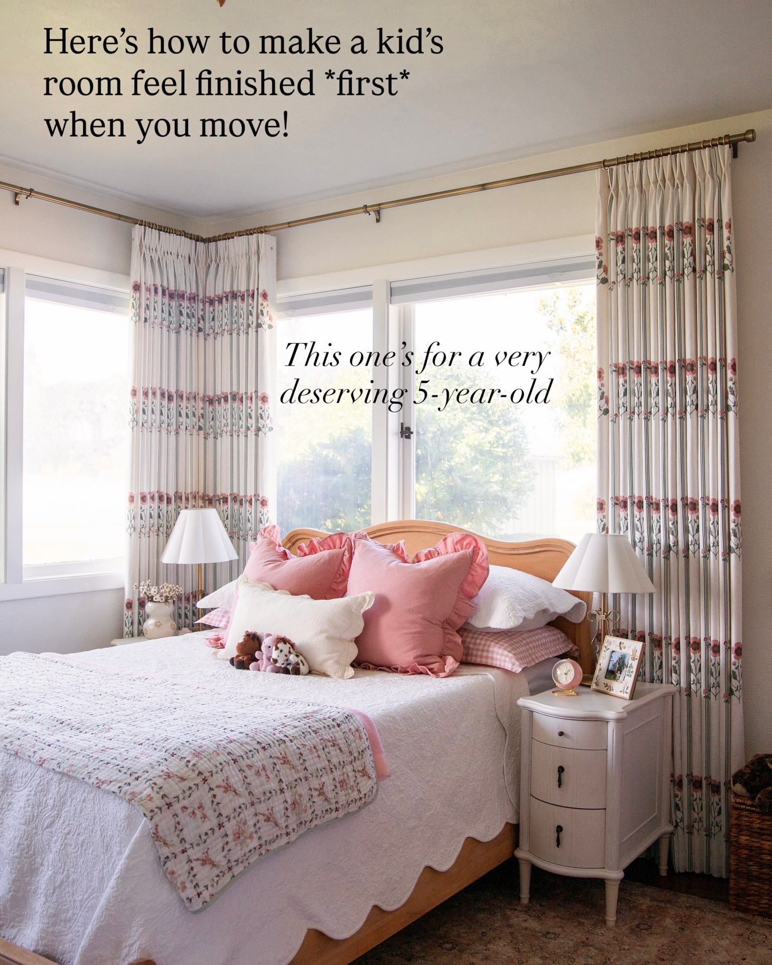 More photos on IG! My friend and her family have been through more than I can imagine the past four years. They just moved into this very special family home, but it needed some work. It is perfectly fitting that the first room done in the house is for their daughter! I love that we were able to help her feel settled after the move with a beautiful room with special things and toys just for her.

The floral and gingham curtains are so fun and pretty and girly, and super functional too. Corner windows are tricky… We didn’t block much of this one and gave both walls symmetrical curtains! And the curtain on the closet is so much easier for the 5-year-old to open than the doors were!

We did an affordable 100% cotton scalloped quilt set, and solid wood nightstands that are great storage and have USB charging. 

We mixed in quite a few heirlooms and vintage pieces, perfect for this home that’s been in my friend’s family for years. Plus, added a bulletin board for new treasures and photos!

Linking all these pieces in my LTK, and in the blog post I recently shared!

#LTKmomlife #LTKHome #LTKKids