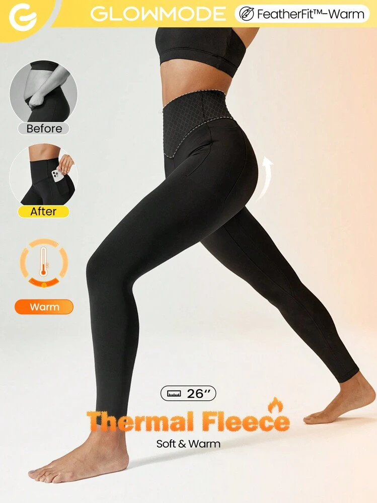 GLOWMODE 26'' FeatherFit™ Fleece Warm Tummy Control High-Rise Waist Leggings Low Impact Yoga Da... | SHEIN