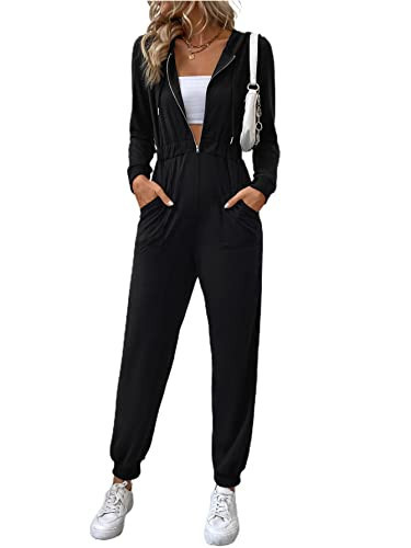 OYOANGLE Women's Long Sleeve Zip Up Drawstring Hooded Jumpsuit Pants Romper with Pockets Black XL | Amazon (US)
