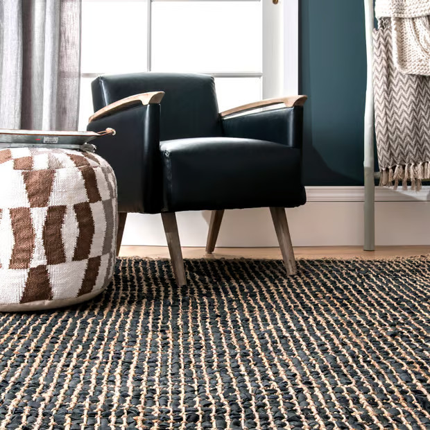 Black Leather And Jute Flatweave Area Rug | Rugs USA