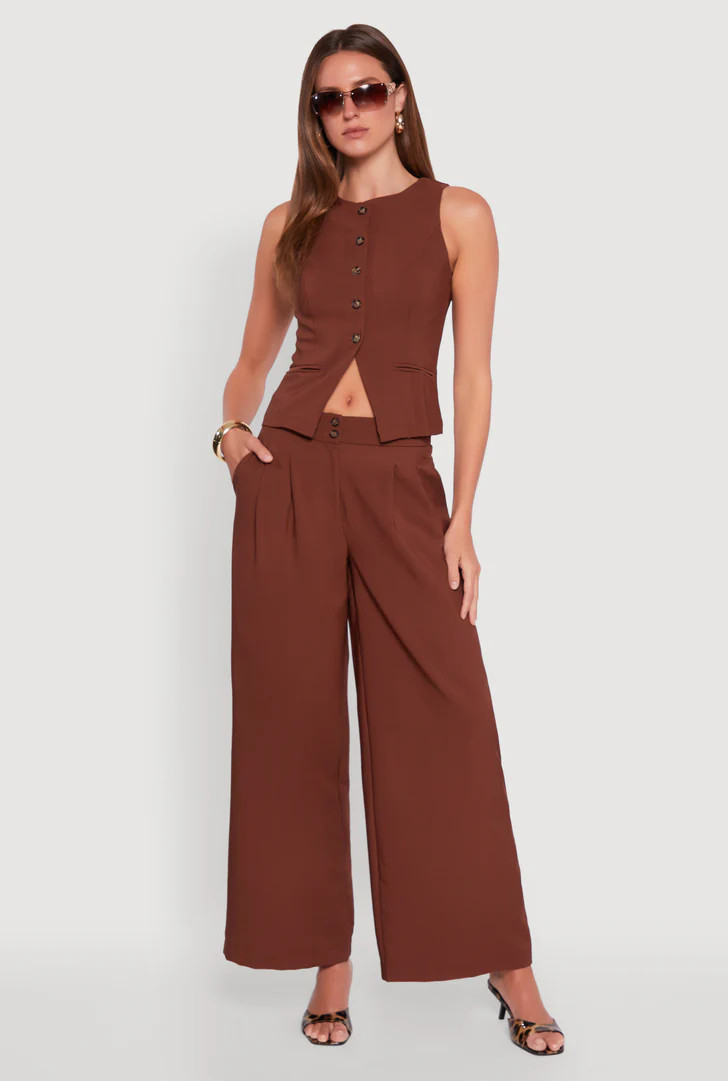 Solid Crepe Knit Pleated Detail Wide Leg Trousers | Rainbow Shops