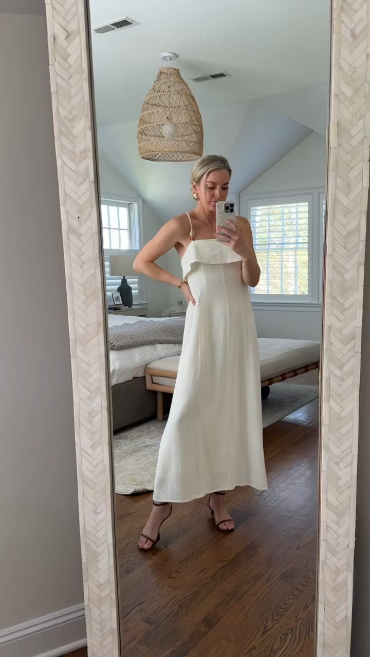This dress was an immediate yes!  It’s double lined and I love the beaded straps and details in the back. 
-small dress, tts, I’m 5’5
-scrappy kitten heels tts 

white dress, vacation dress 