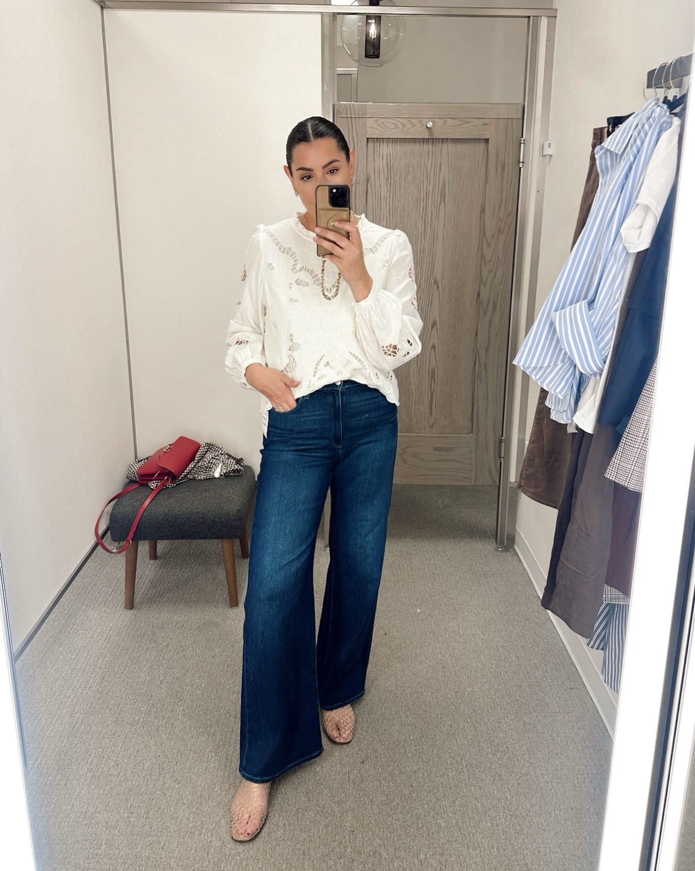 I'm in the 30 of the jeans, TTS. 

The lace top runs big! I'm in the large. 

the Farm Rio top is TTS with a cropped fit. I'm in the large.  

 