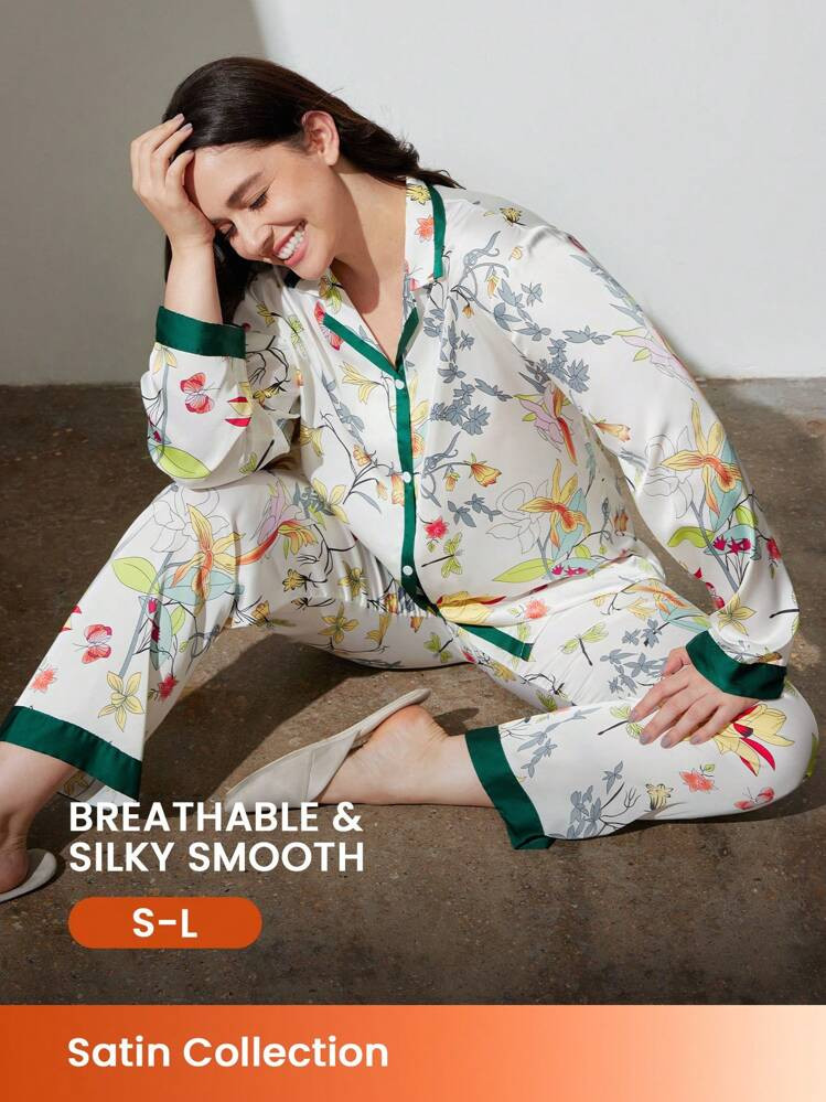 LUVLETTE Floral Satin Long Women Pajama Set Lounge Sets Fall Pajamas,Spring And Summer | SHEIN