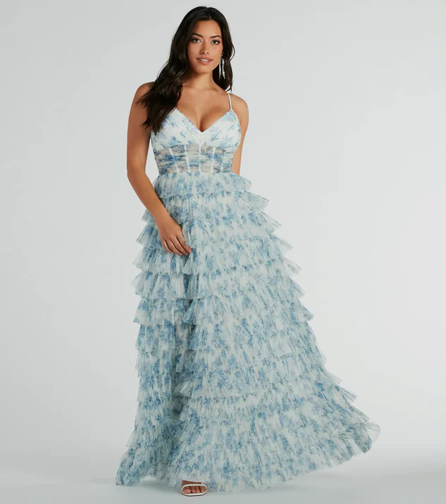 Halle Corset Ruffle A-Line Floral Formal Dress | Windsor Stores