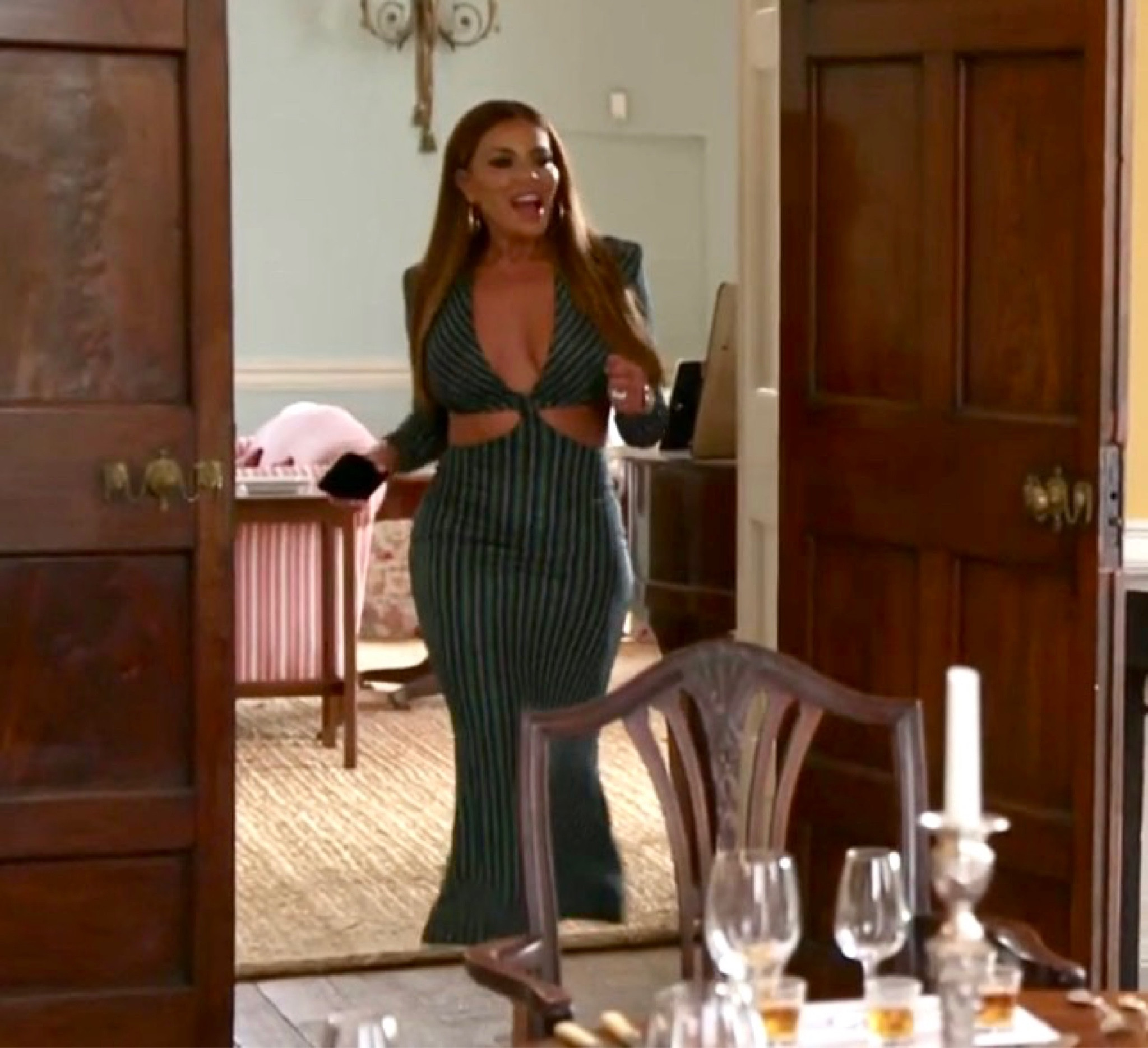 Dolores Catania’s Metallic Striped Cutout Dress in Ireland 