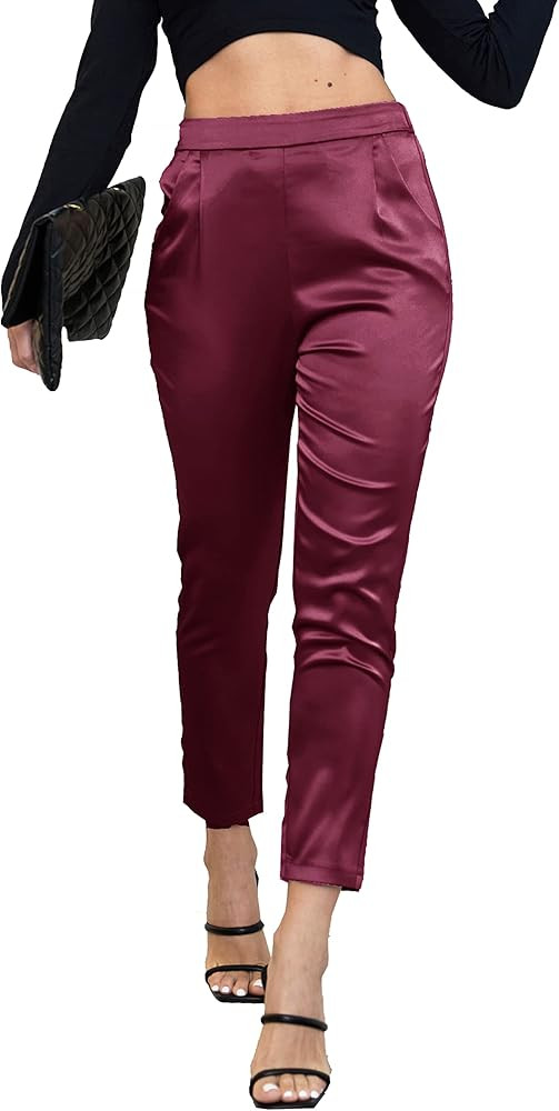 heipeiwa Women's Satin Pants Dress Casual Pleated Pull on High Waist Pants with Pockets | Amazon (US)