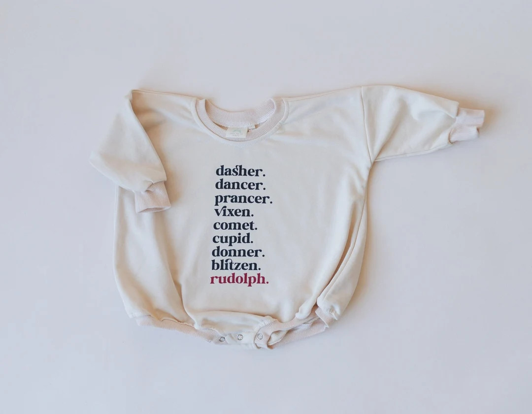 Reindeer Names Christmas Graphic Oversized Sweatshirt Romper - Baby Bubble Romper - Rudolph Bubble R | Etsy (US)