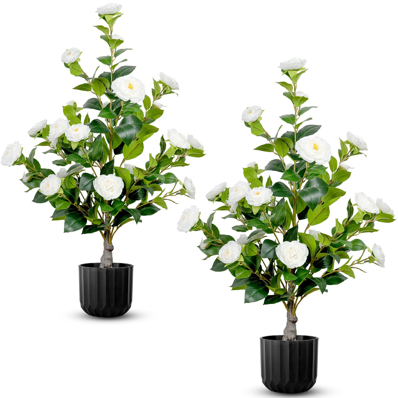 TonJin Artificial White Camellia Tree 36 Inch (2 Pack) - Realistic Faux Flowering Plants in Black... | Amazon (US)