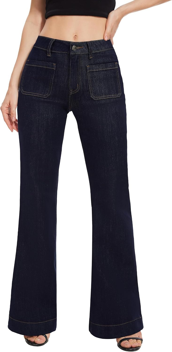 FLYING BANANA Women's Flare High Waisted Bell Bottom Wide Leg Jeans Baggy Stretch Trendy Denim with Pockets | Amazon (US)