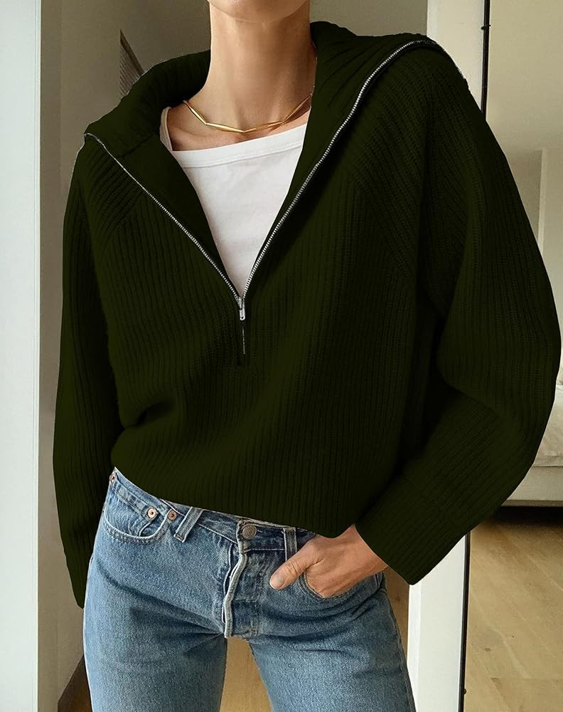 BTFBM Womens Sweaters Quarter Zip Pullover V Neck Collar Long Sleeve Ribbed Knit Loose Casual 202... | Amazon (US)