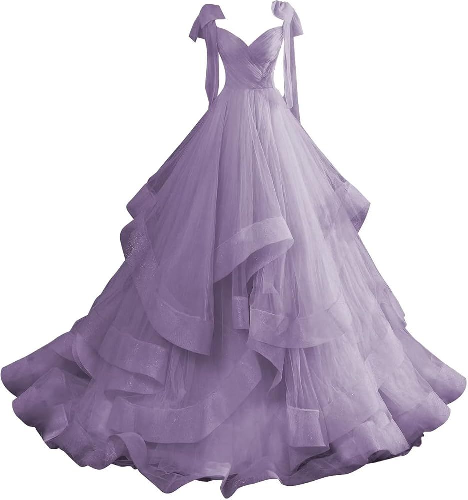 Layered Ruffles Tulle Prom Dress Spaghetti Straps Ball Gowns Bow Princess Quinceanera Dresses | Amazon (US)