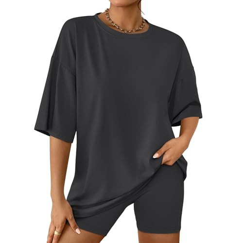 AUTOMET Womens 2 Piece Sets Summer Outfits 2026 Two Piece Lounge Set Matching Clothing Oversized Tshirts Biker Short Fashion Black Grey M | Amazon (US)
