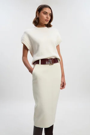 Compact Stretch Pu Mix Belted Tailored Pencil Skirt | Karen Millen UK + IE + DE + NL