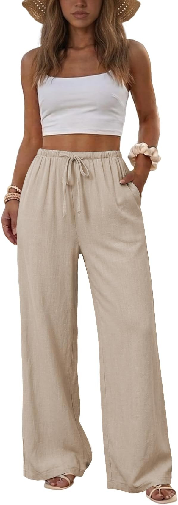 Duyang Womens Cotton Linen Palazzo Pants Drawstring Elastic Waist Casual Wide Leg Trousers with P... | Amazon (US)