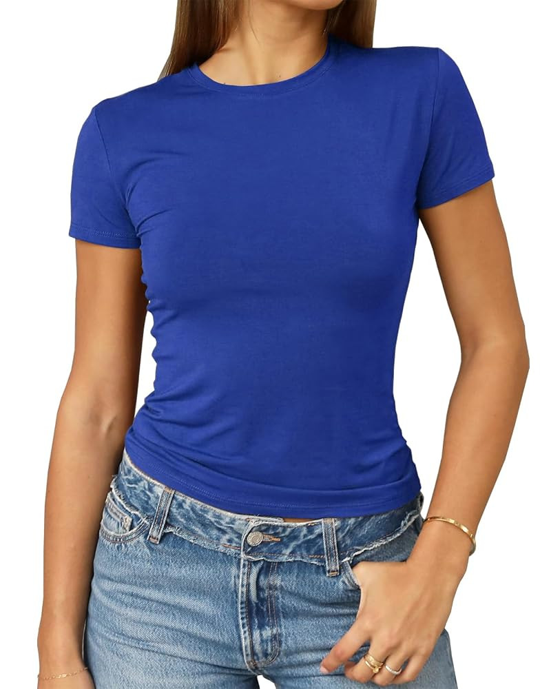 Abardsion Women's Casual Basic Going Out Crop Tops Slim Fit Short Sleeve Crew Neck Tight T Shirts... | Amazon (US)