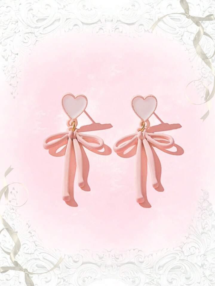 ROMWE Kawaii 1pair Fashion Zinc Alloy Heart & Bow Drop Earrings For Women For Daily Decoration | SHEIN