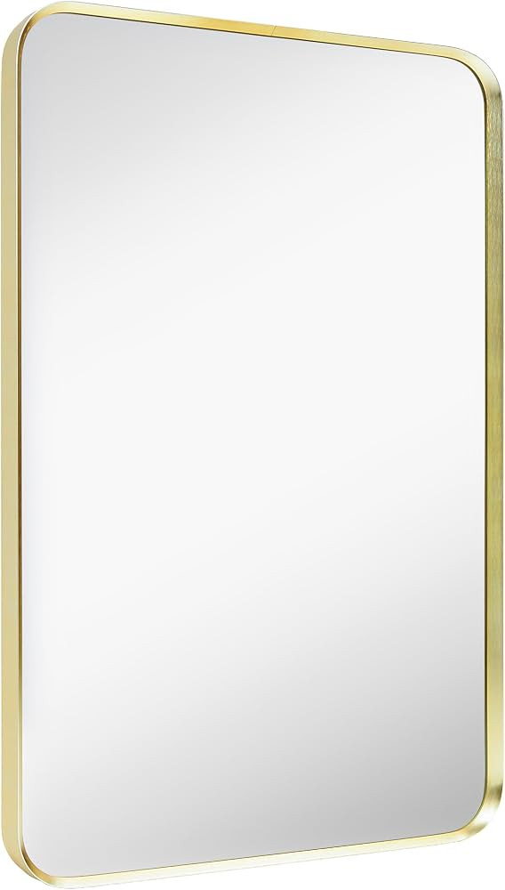 Minuover Wall Mount Mirror for Bathroom, Brushed Gold Metal Framed Rounded Corner Rectangular Van... | Amazon (US)