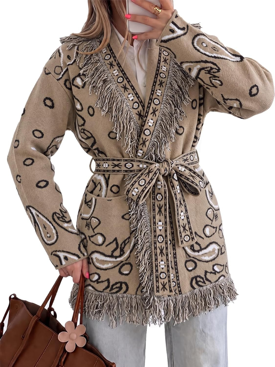 Tankaneo Womens Fringe Cardigan Long Sleeve Paisley Sweaters with Belt | Amazon (US)