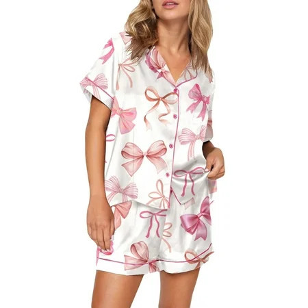 Cathery Women’s 2 Piece Cute Pajamas Set Bow/Rabbit Button Up Short Sleeve Shirt + Shorts Sleepwear Loungewear Nightwear Set | Walmart (US)