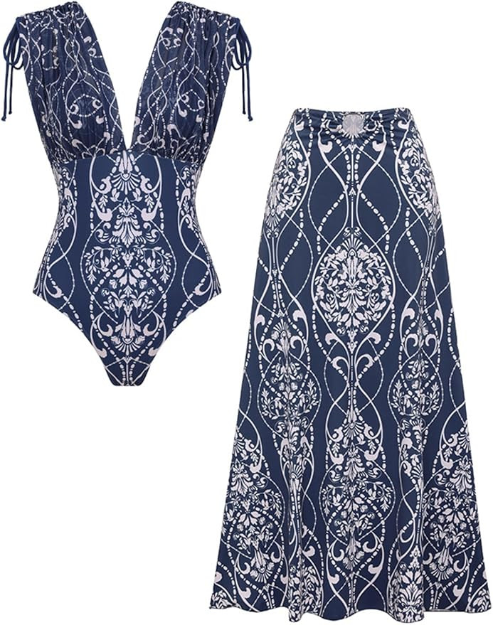 FLAXMAKER Women's One Piece V Neck Shoulder Drawstring Printed Swimsuit with Skirt | Amazon (US)