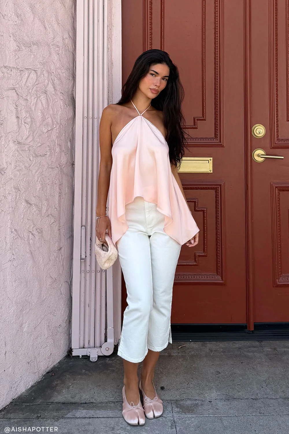 Adelaide Draped Satin Halter Top - Peach | Meshki UK