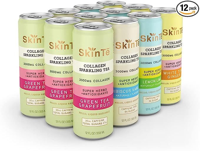 SKINTE Collagen Sparkling Tea - 4 Flavor Variety Pack - 3000mg Collagen Peptides & Rich in Super ... | Amazon (US)