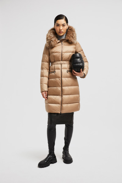 Boedic Camel Beige Hooded Shearling Long Down Jacket | Moncler