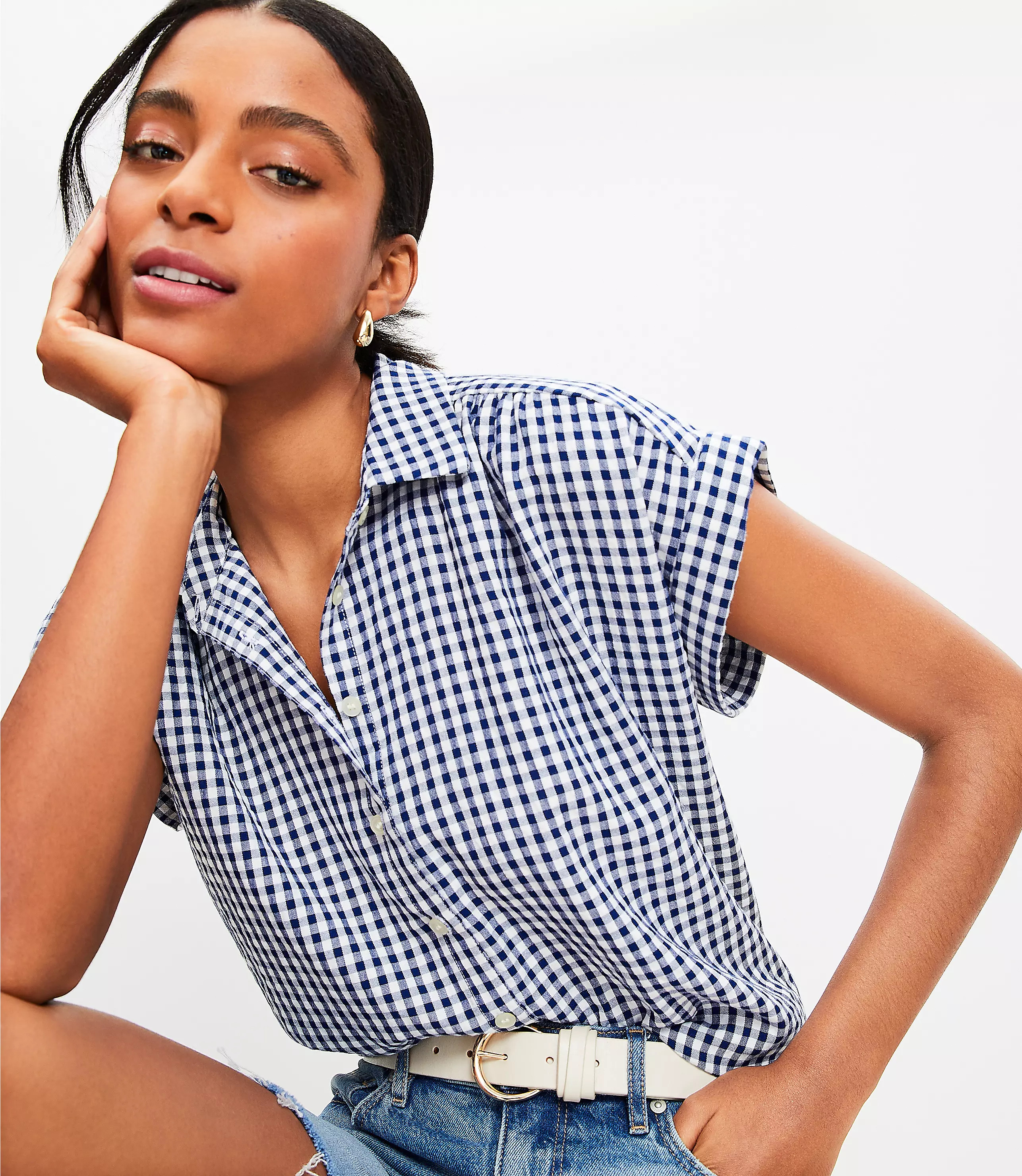 Gingham Pucker Dolman Shirt | LOFT