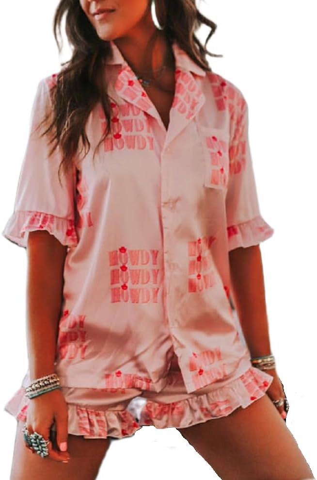 Satin Valentine's Day Pajamas for Women Cute Graphic Short Sleeve Silk Shorts Set Heart Print 2 P... | Amazon (US)