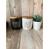 Rae Dunn Salt & Pepper Cellar - Ceramic With Wooden Lid Black White Gift Idea Farmhouse Style Cute K | Etsy (US)