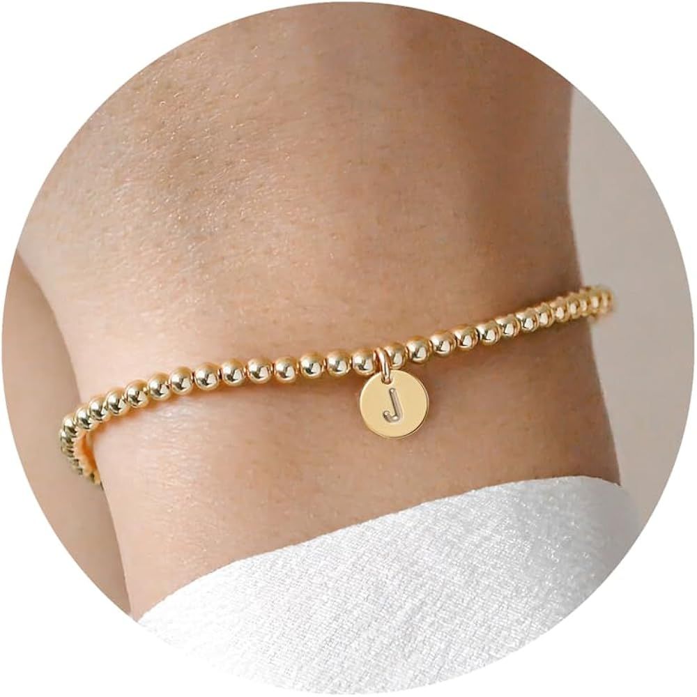 Turandoss Gold Initial Bracelet for Women - Dainty 14K Gold Plated Letter A-Z Charm Disc Bracelet... | Amazon (US)