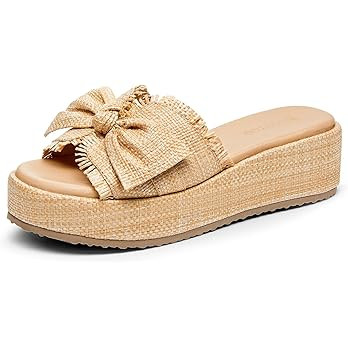 Coutgo Womens Platform Wedge Sandals Bow Open Toe Slide Sandals Straw Slip On Summer Beach Shoes | Amazon (US)